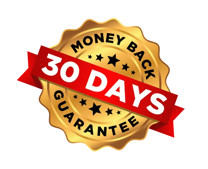 Gold seal badge with red ribbon displaying 30 Days Money Back Guarantee for Miracle Sheets