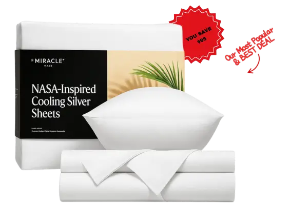 Miracle Made NASA-Inspired Cooling Silver Sheets set with pillow, flat sheet, fitted sheet, and savings badge highlighting best deal and $95 off offer
